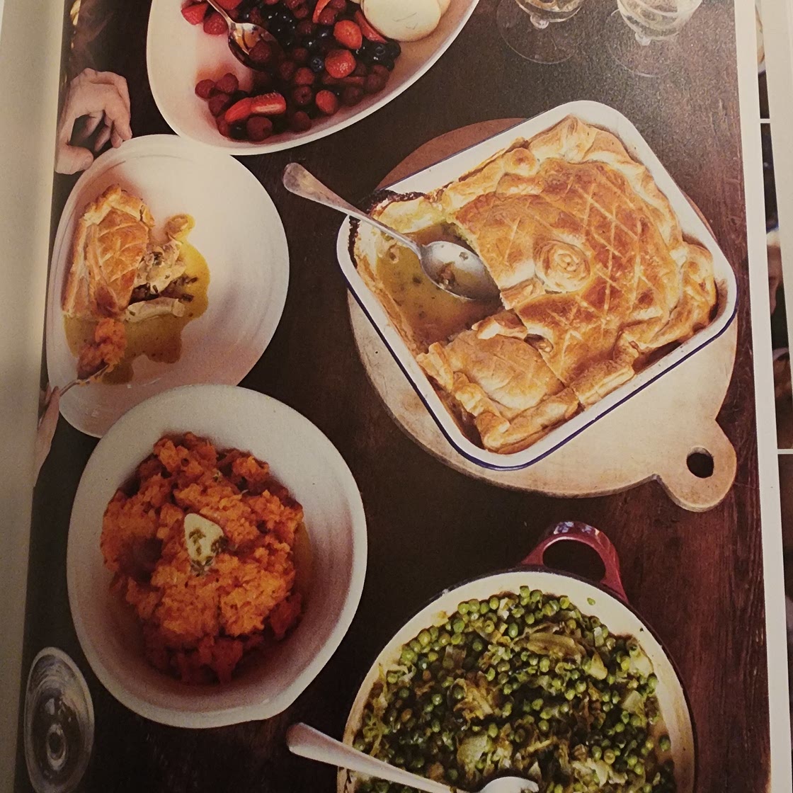Jamie Oliver chicken pie, peas and carrot smash.