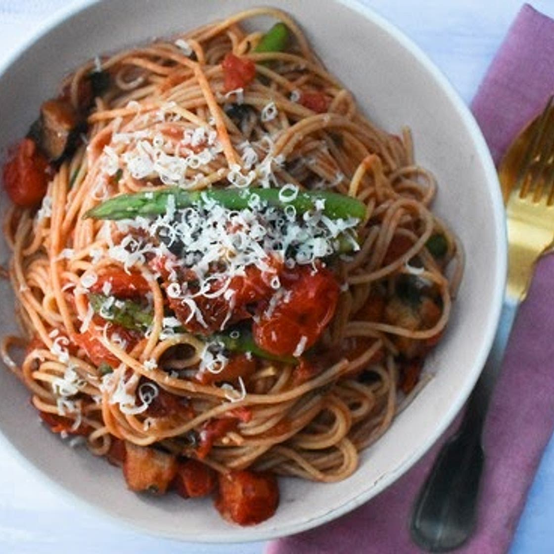 Grilled Aubergine, Asparagus & Chilli Spaghetti