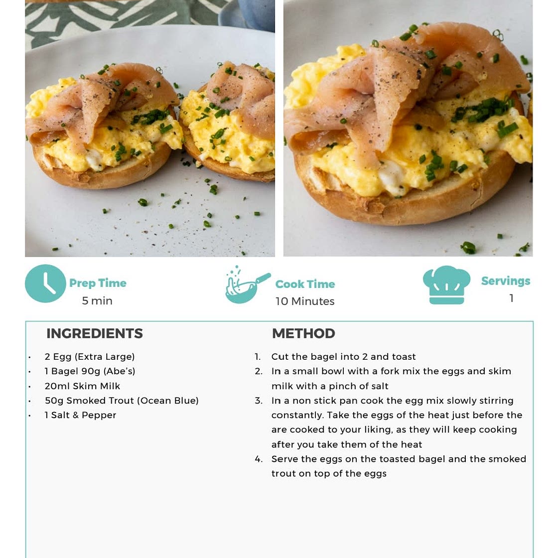 Scrambled egg bagel 372cal high fibre and protein *