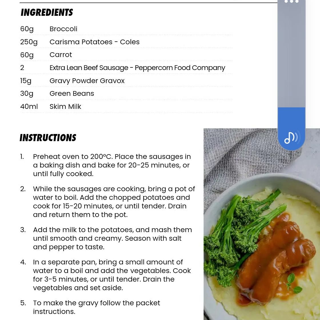 Bangers and mash 460cal high fibre *
