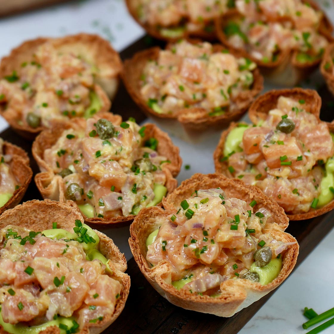 Tortilla Cups with Salmon Tartare and Avocado Mousse