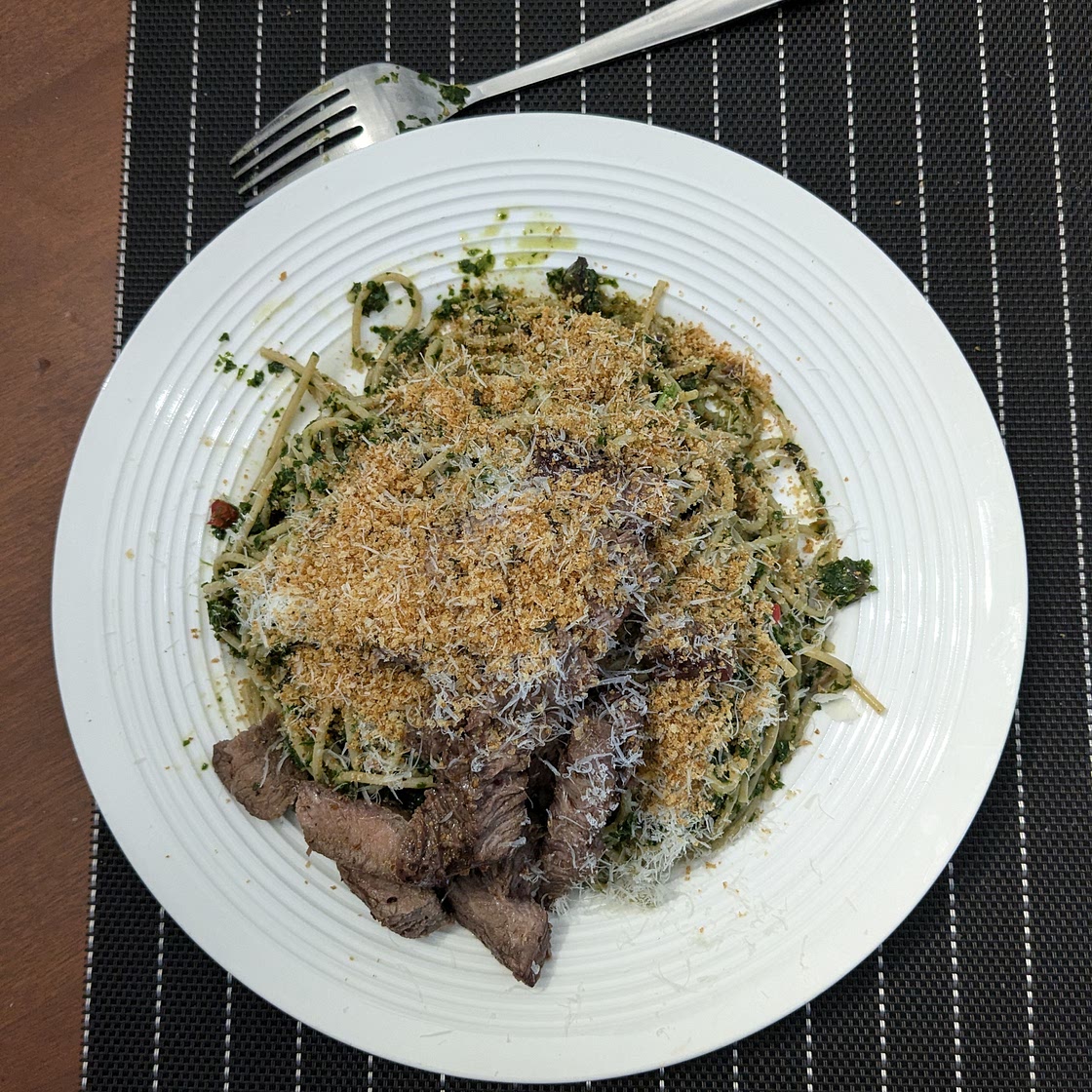 Grilled Steak with Kale Pesto Pasta and Mushrooms