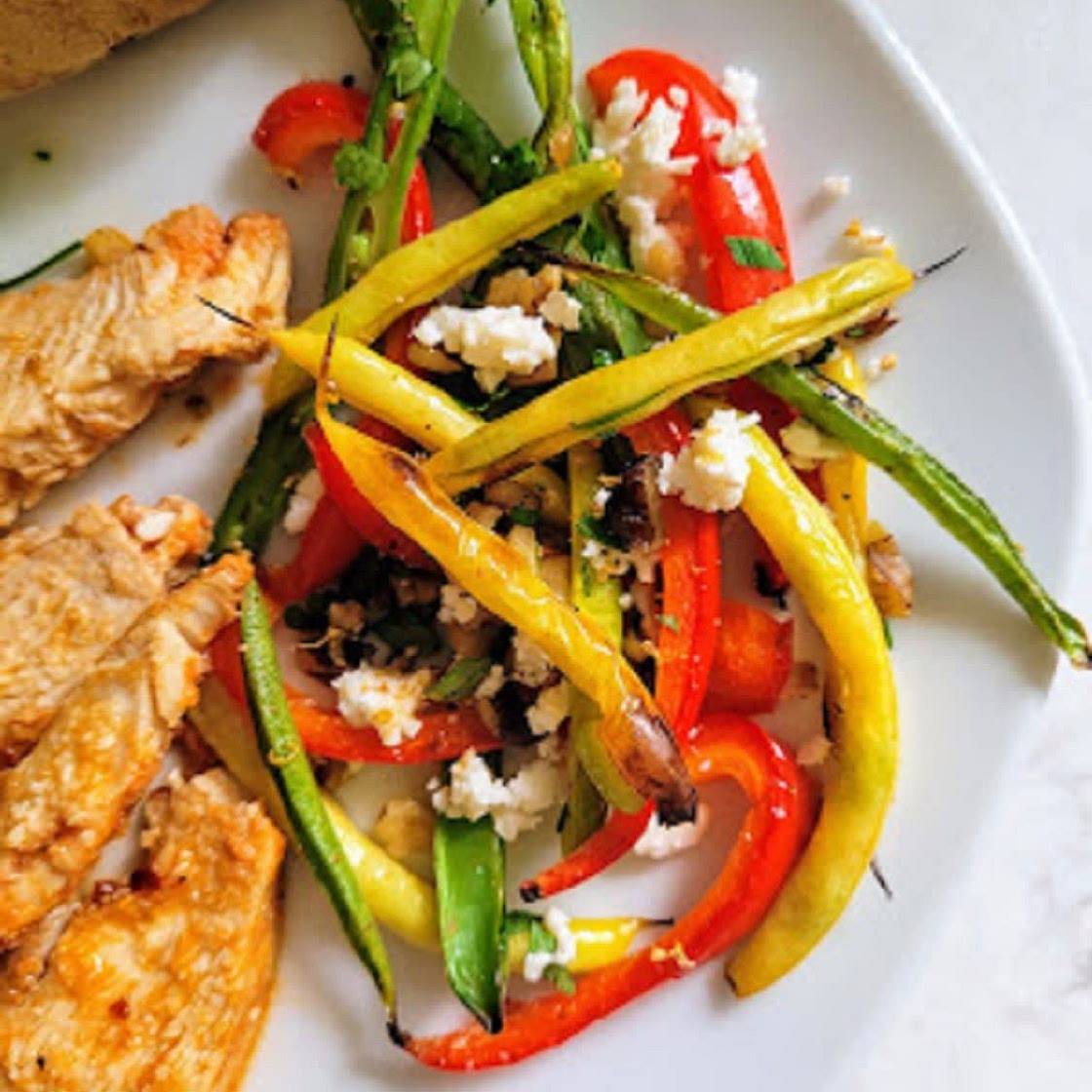 Garden Beans and Red Pepper with Walnut Gremolata and Feta