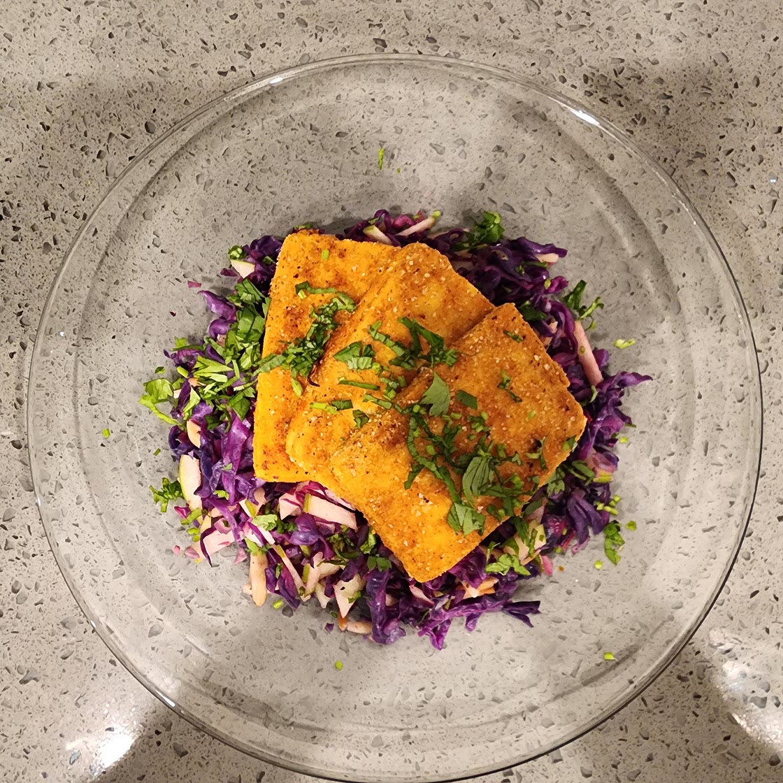 Cayenne Crusted Tofu with Sautéed Purple Cabbage