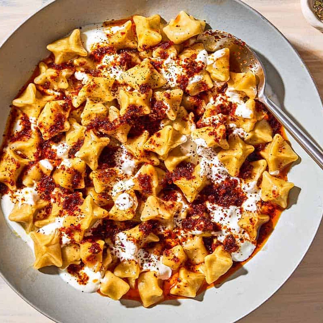 Manti (Turkish Dumplings) with Garlicky Yogurt and Spiced Oil