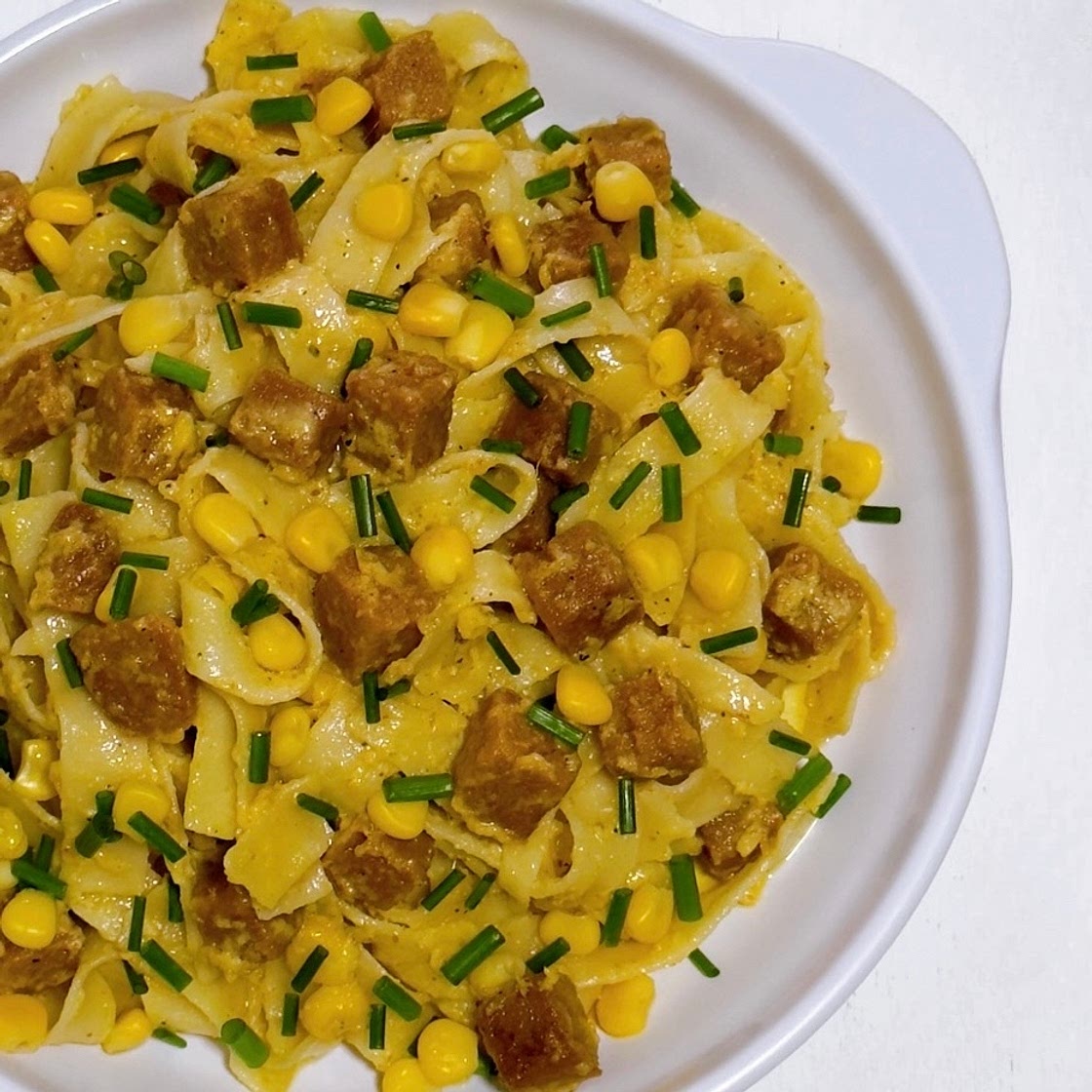 Fettuccine with Corn, Chives, Parmesan and Luncheon Meat