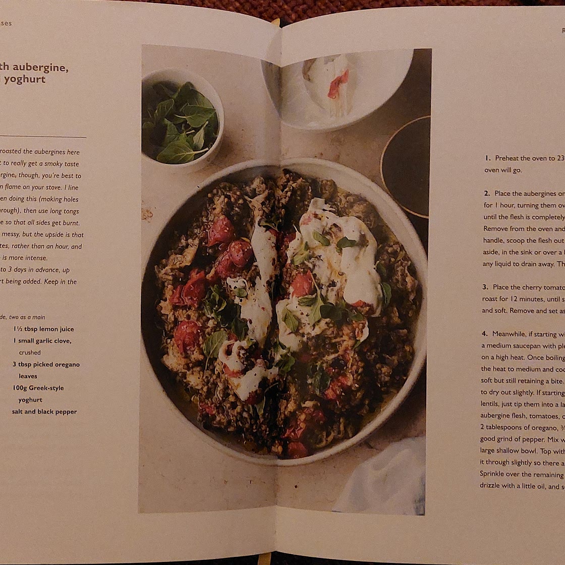 Puy lentils with aubergine, tomatoes and yoghurt