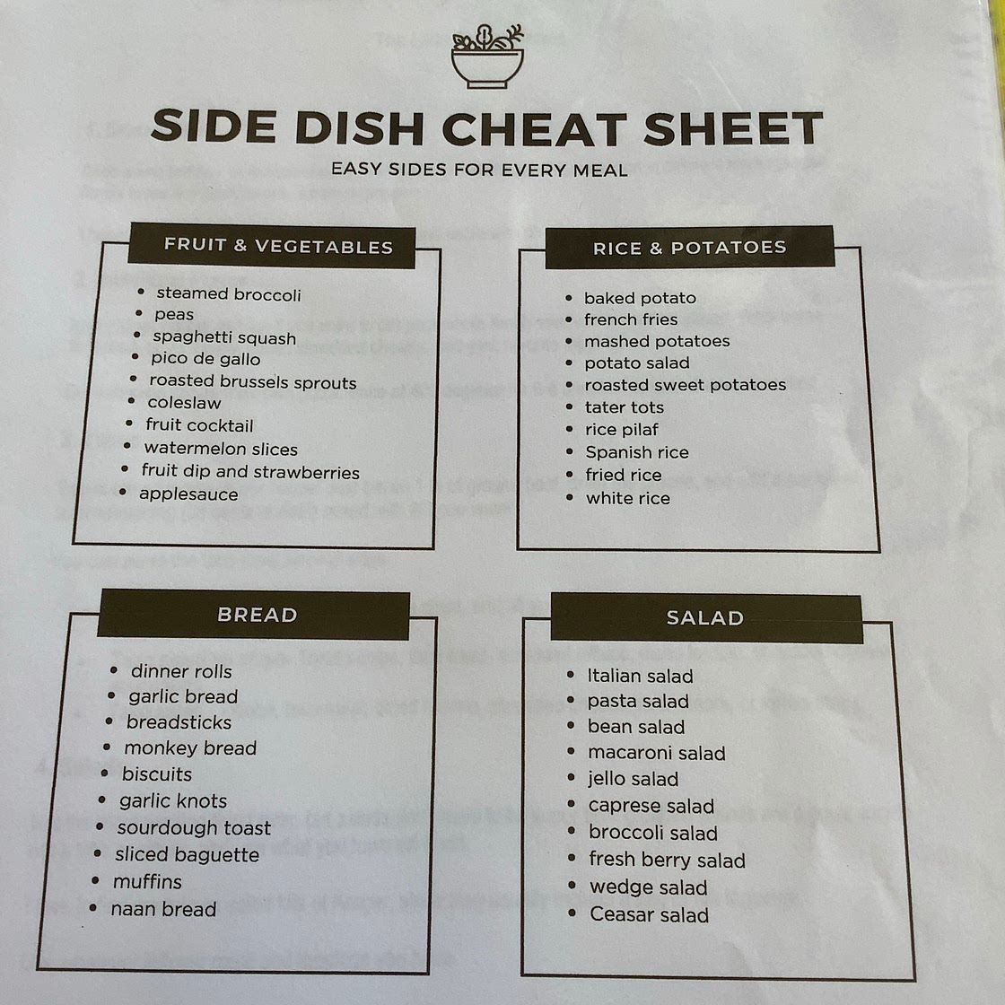 Side dish cheat sheet