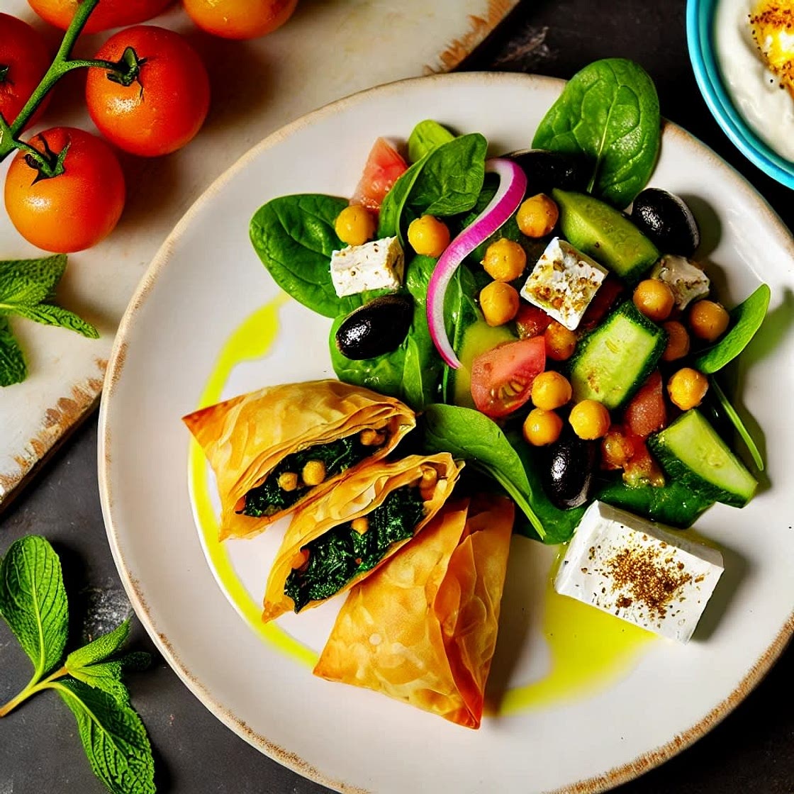 Modern Greek Salad: Spinach, Chickpea & Feta Parcels