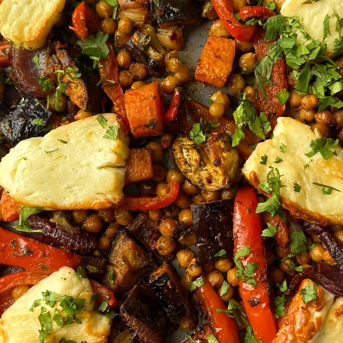 'Grab and Cook' Middle Eastern Chickpea and Halloumi Traybake