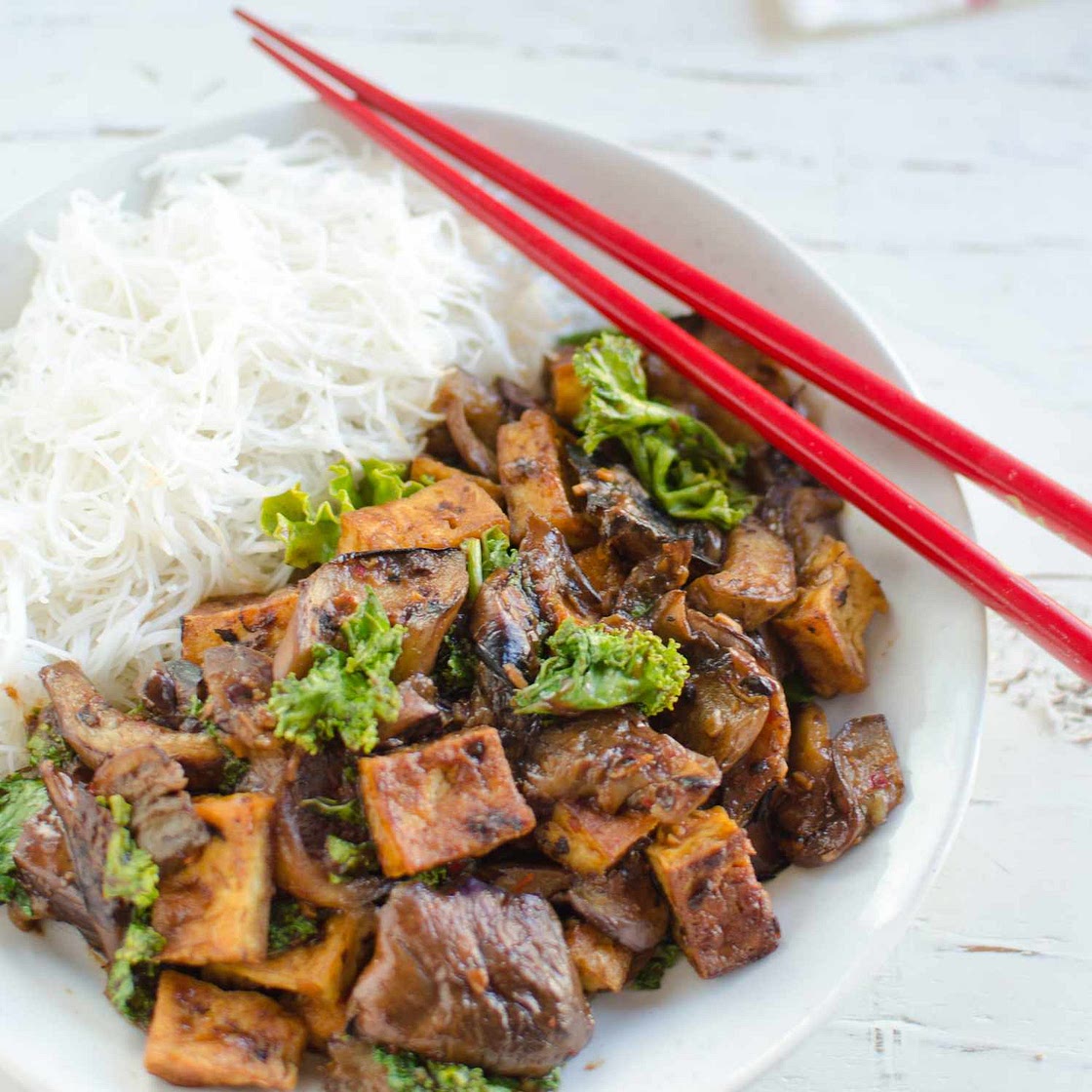 Kale, Eggplant and Crispy Tofu Stir-Fry with Black Bean Sauce