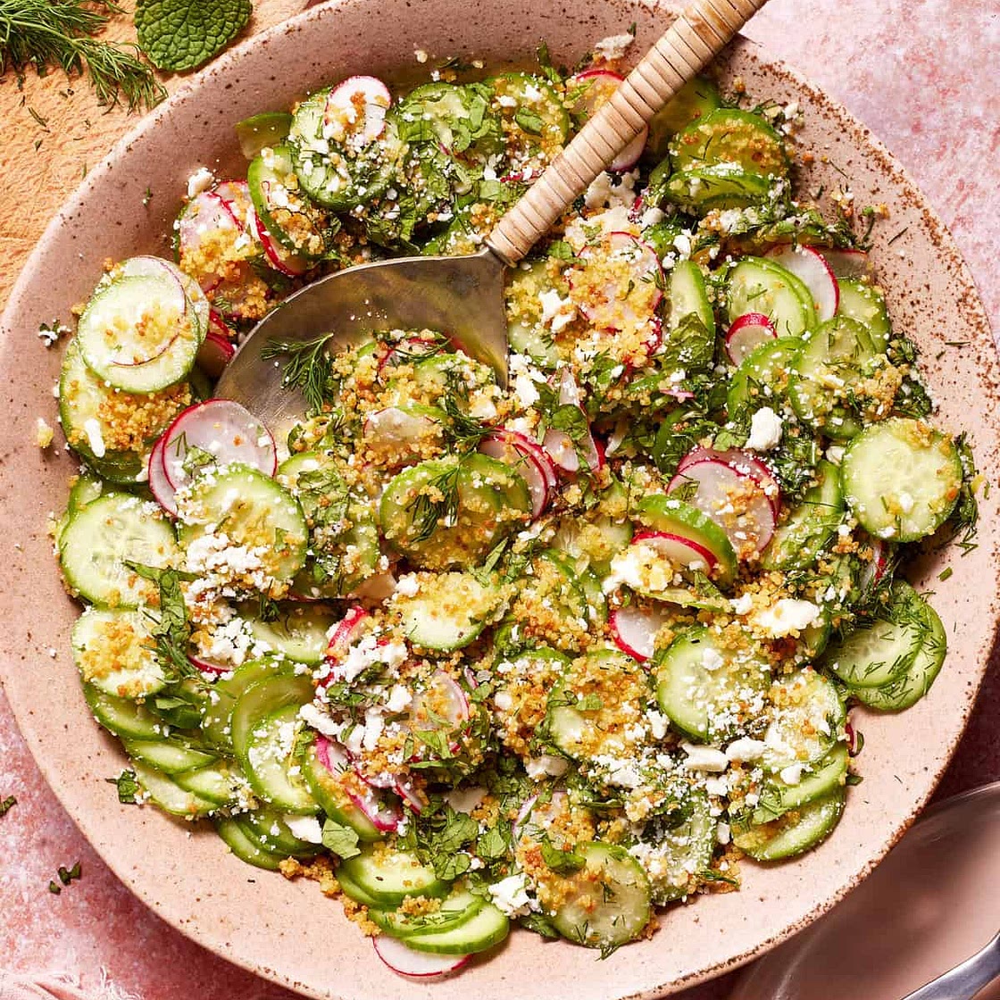Cucumber Radish Salad with Crispy Couscous