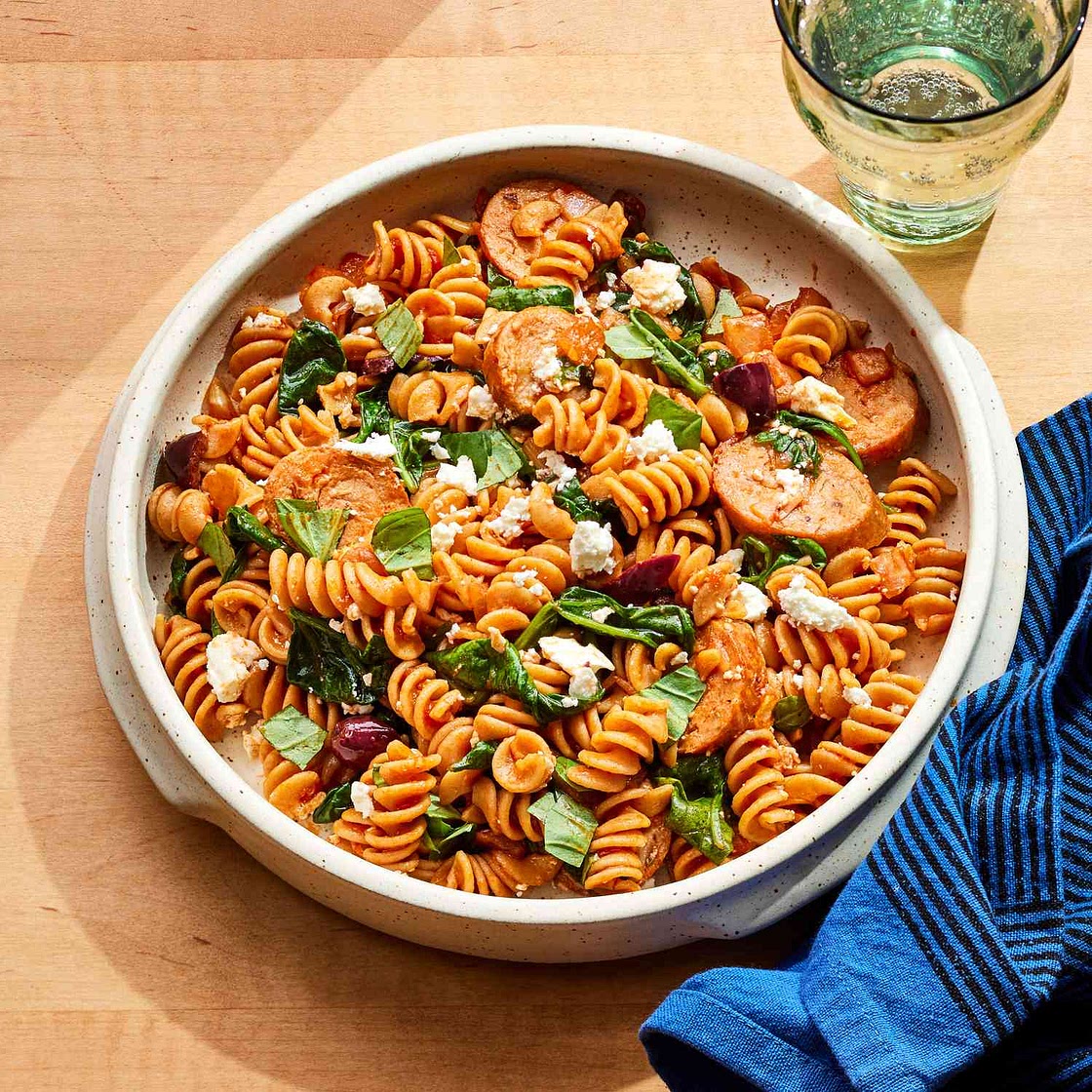 One-Pot Spinach, Chicken Sausage & Feta Pasta