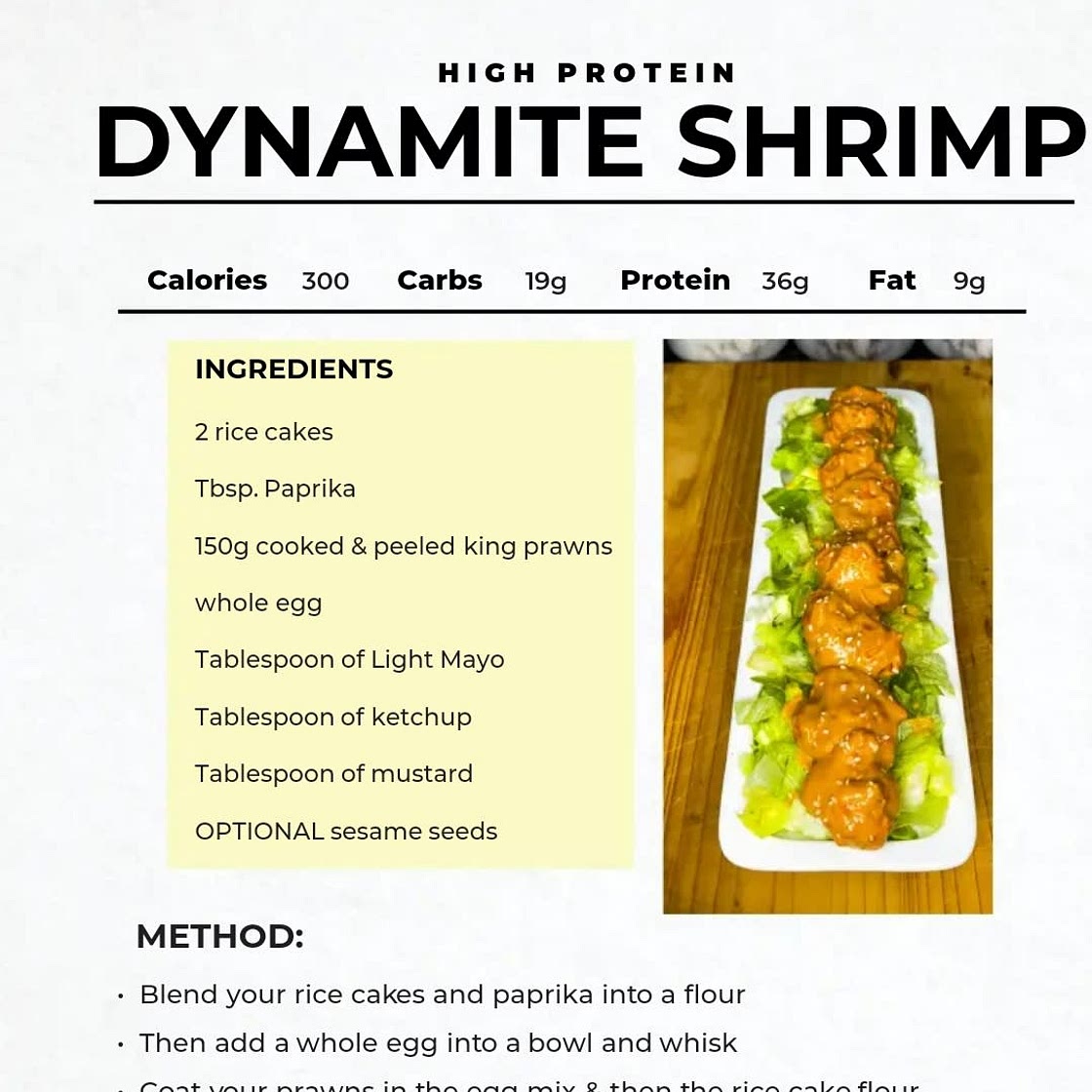 Dynamite shrimp 36 protein 9fat 19 carb 300 cal *