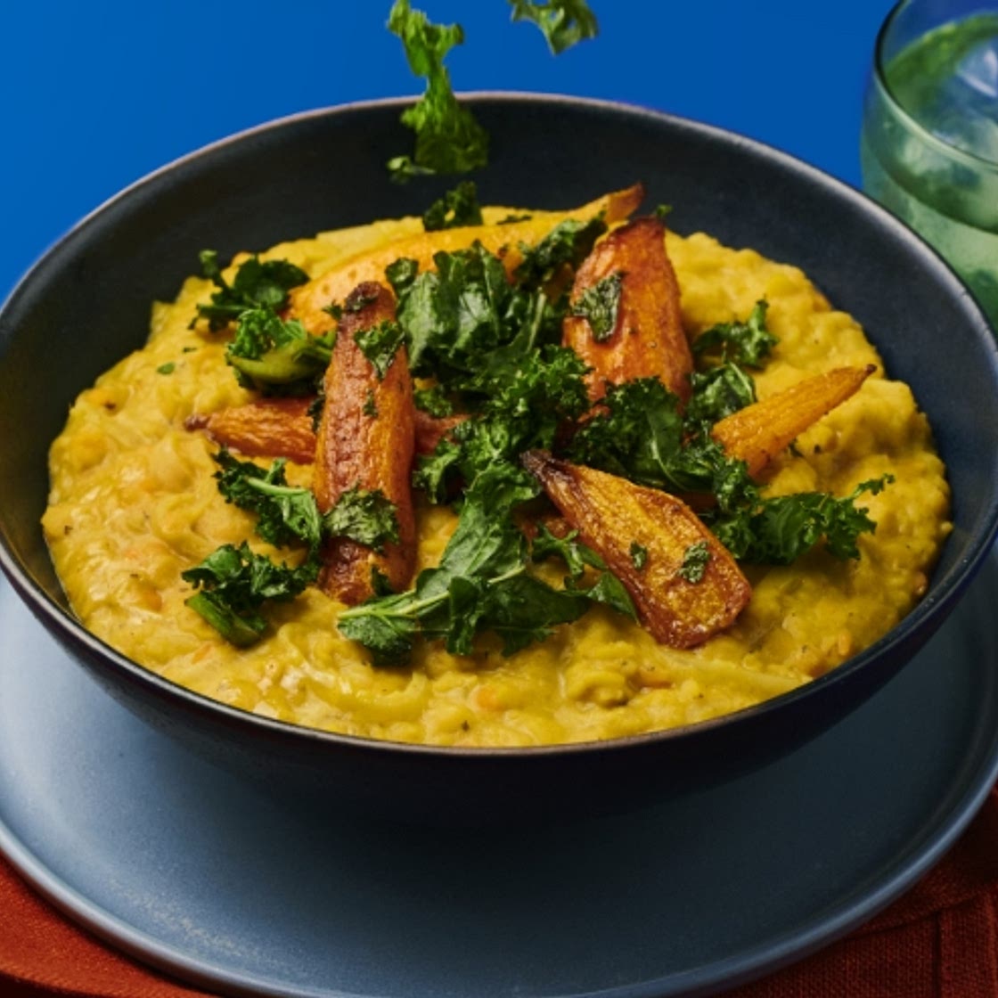 Spicy roasted carrot, kale and coconut dhal