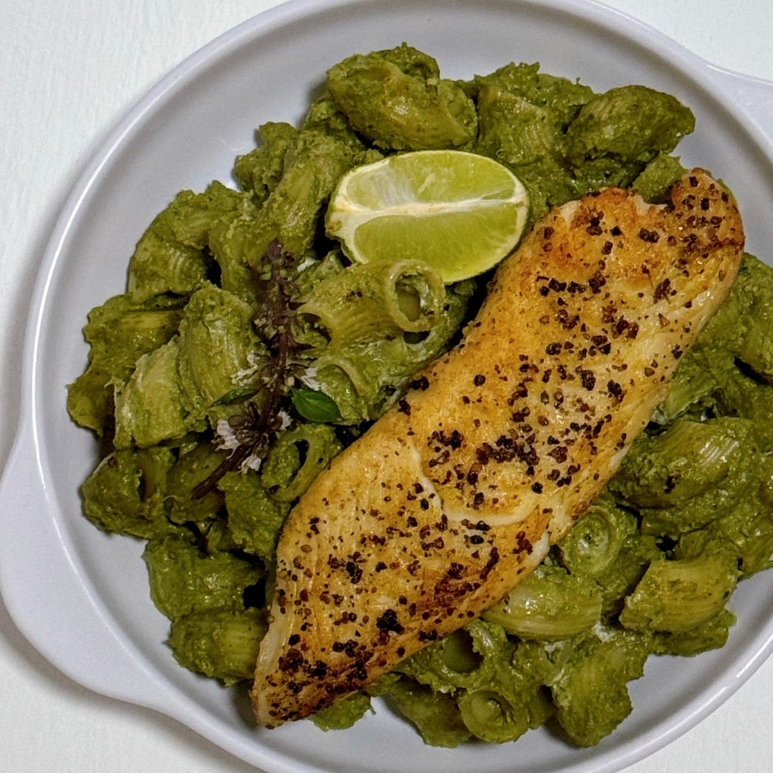 Creamy Cilantro and Basil Pesto Macaroni with Lemon Pepper Fish