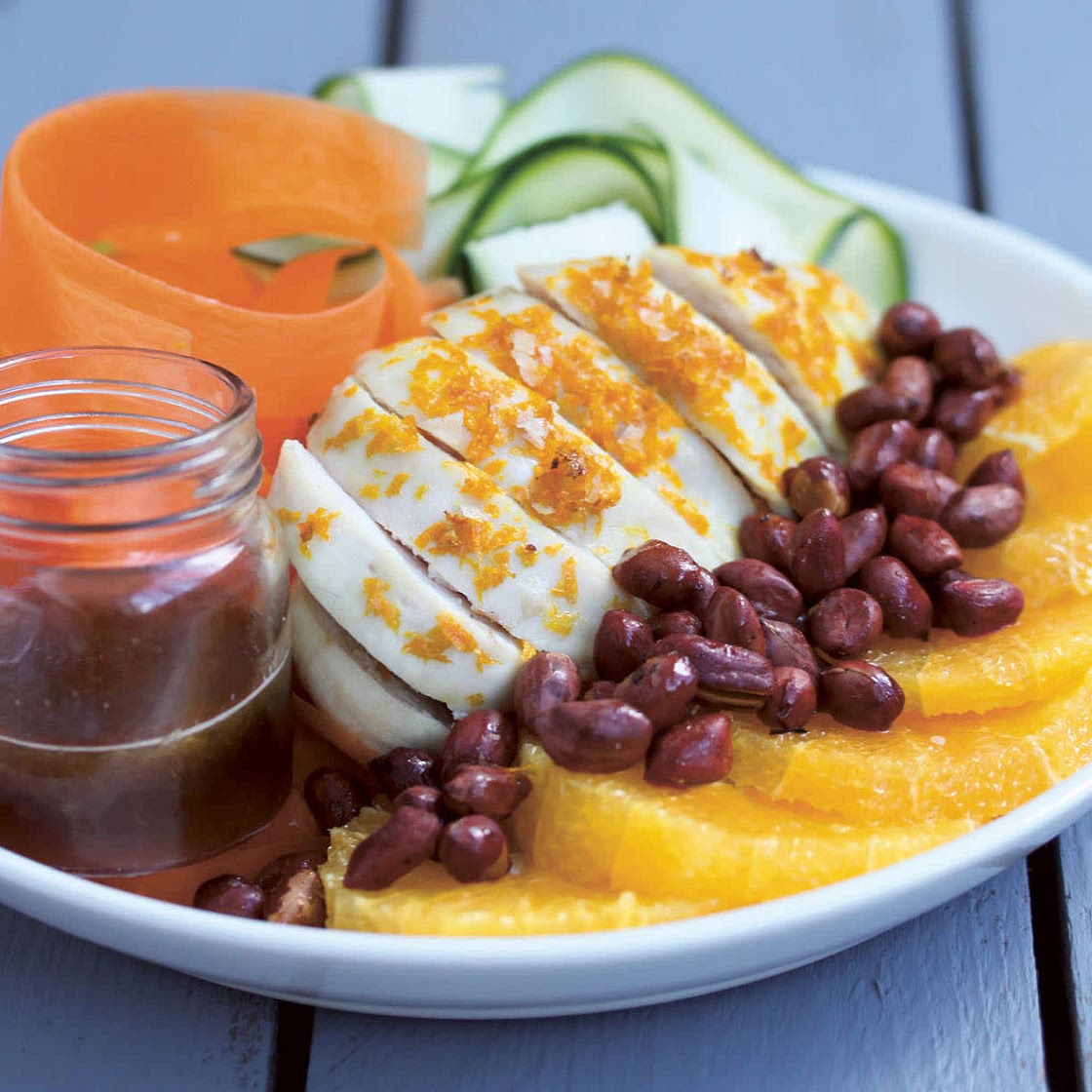 CARROT + COURGETTE RIBBON SALAD WITH HONEY + ORANGE CHICKEN