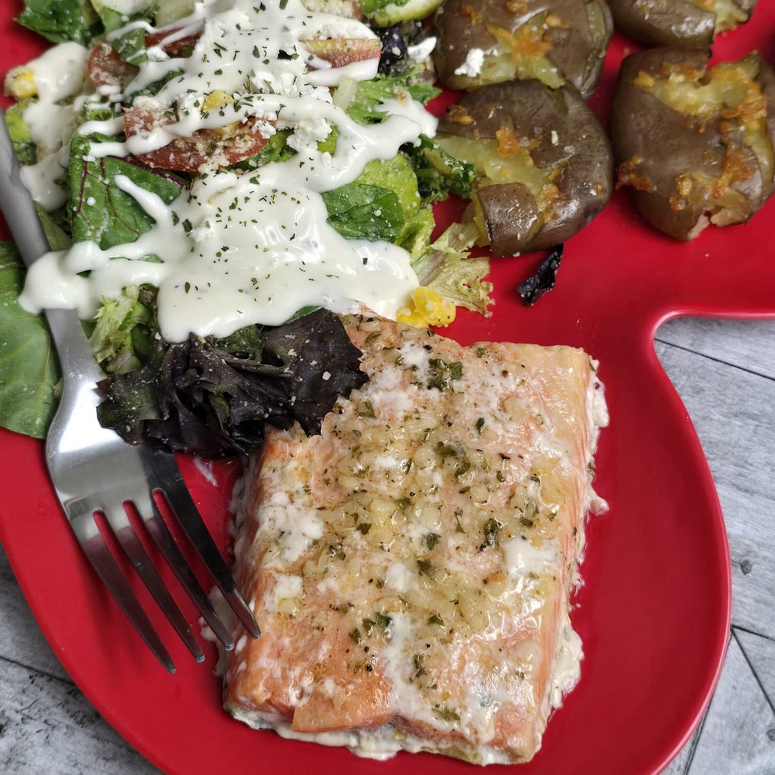 Garlic Butter-Roasted Salmon with Potatoes & Asparagus