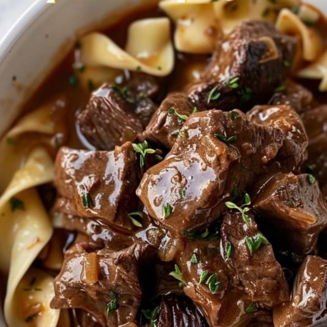 Beef tips and noodles