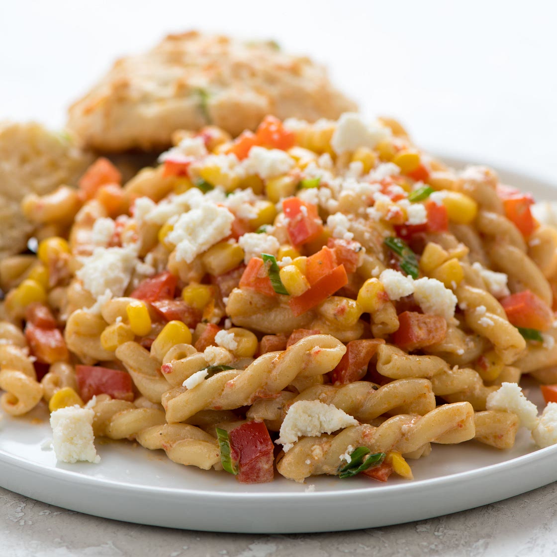 Chipotle Cream Gemelli with queso fresco and cheddar-scallion biscuits