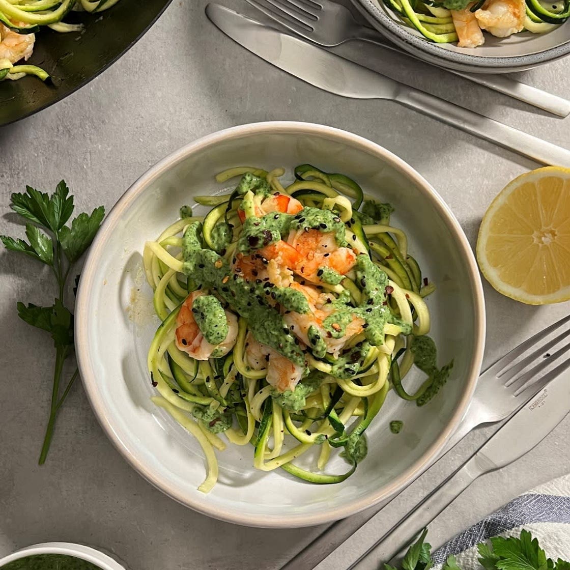 GARLIC SHRIMP ZOODLES WITH GREENGODDESS DRESSING