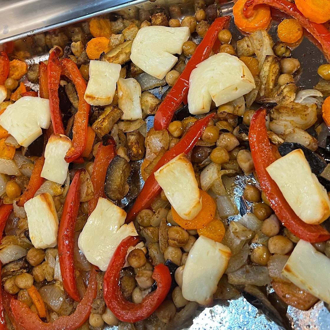 'Grab and Cook' Middle Eastern Chickpea and Halloumi Traybake