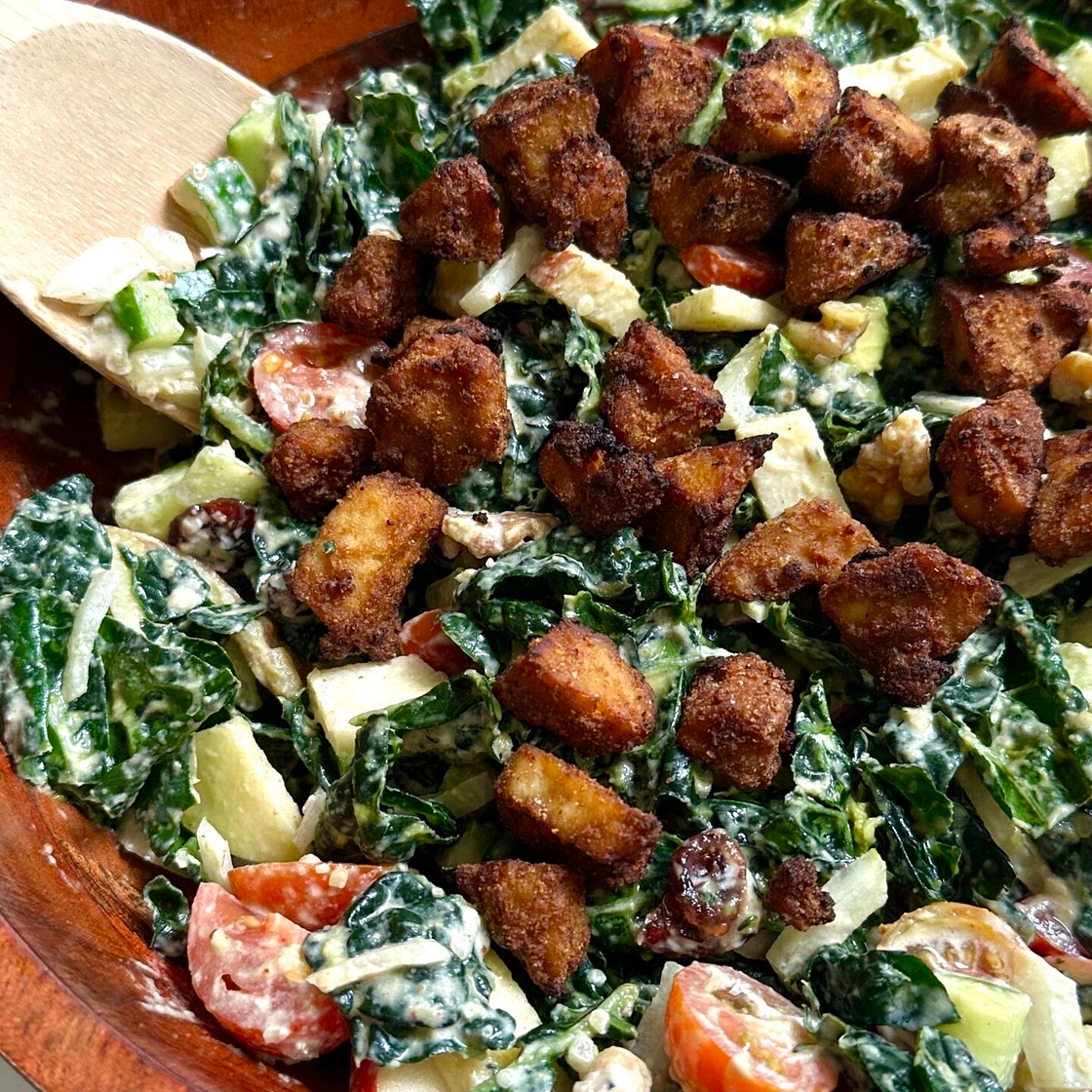 Kale Apple Salad with Curry Tahini & Crispy Tofu