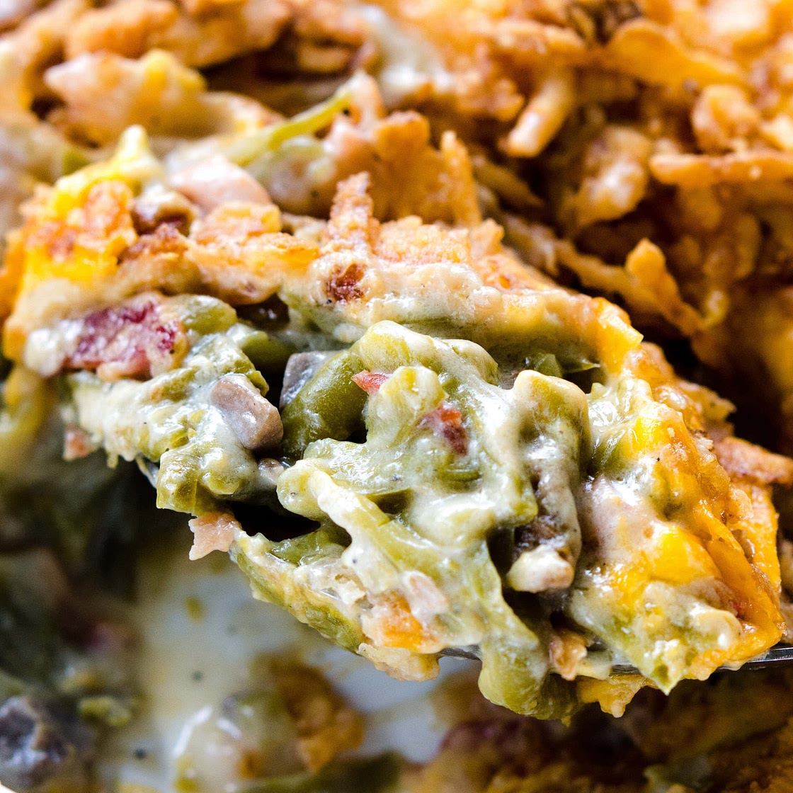 The BEST Green Bean Casserole with Cheese and Bacon