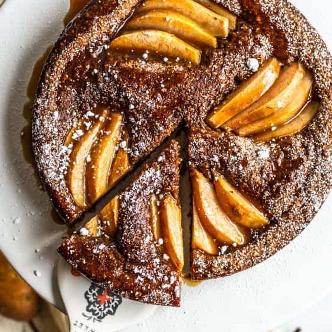 Spiced Almond Pear Cake + Caramel Sauce