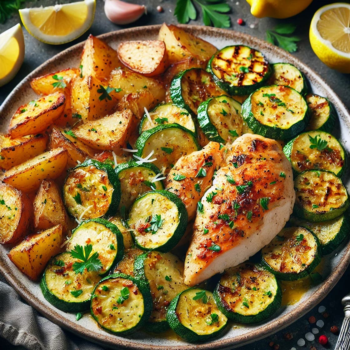 Chicken Zucchini Scampi with Roasted Potatoes