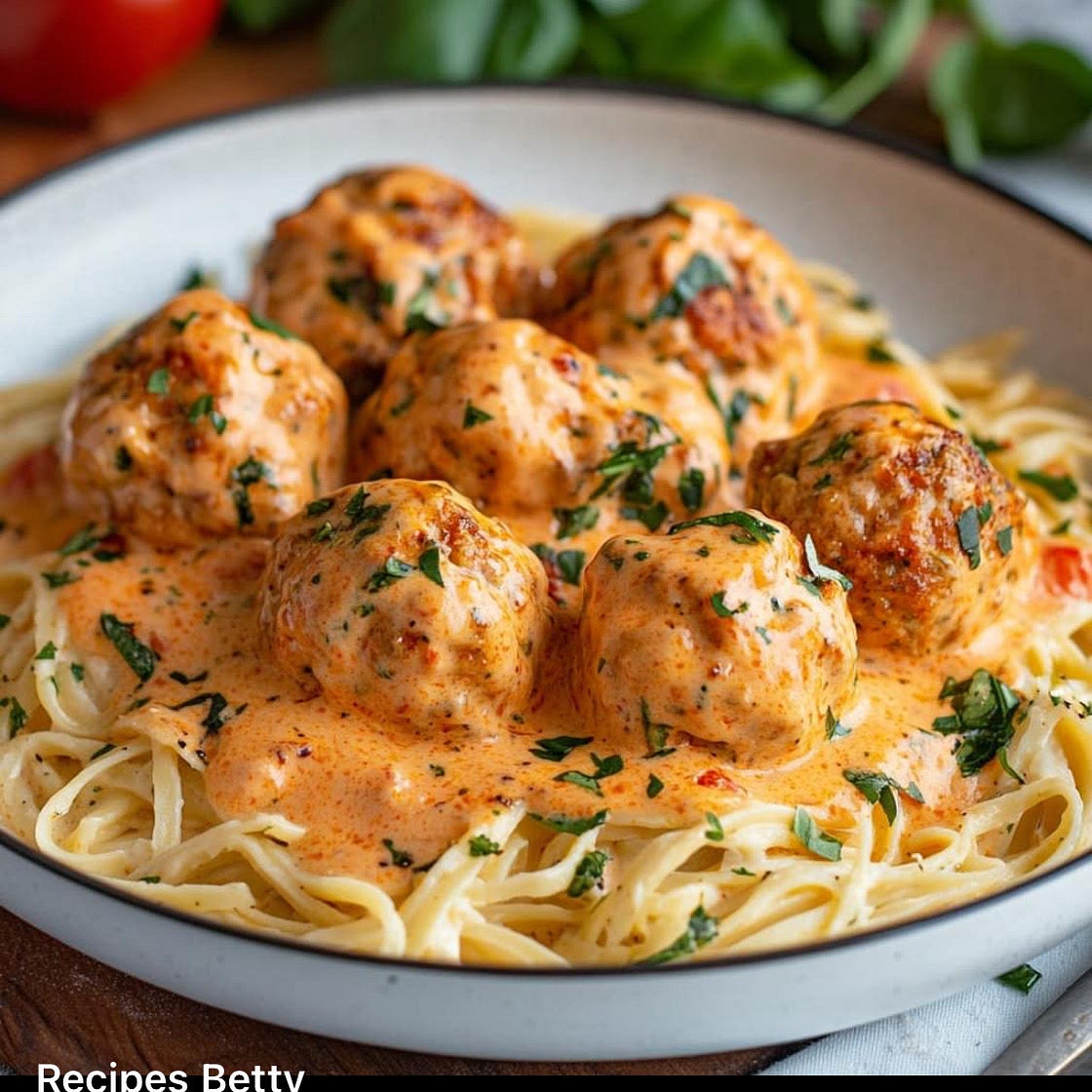 Chicken Ricotta Meatballs with Tomato Basil Alfredo Sauce