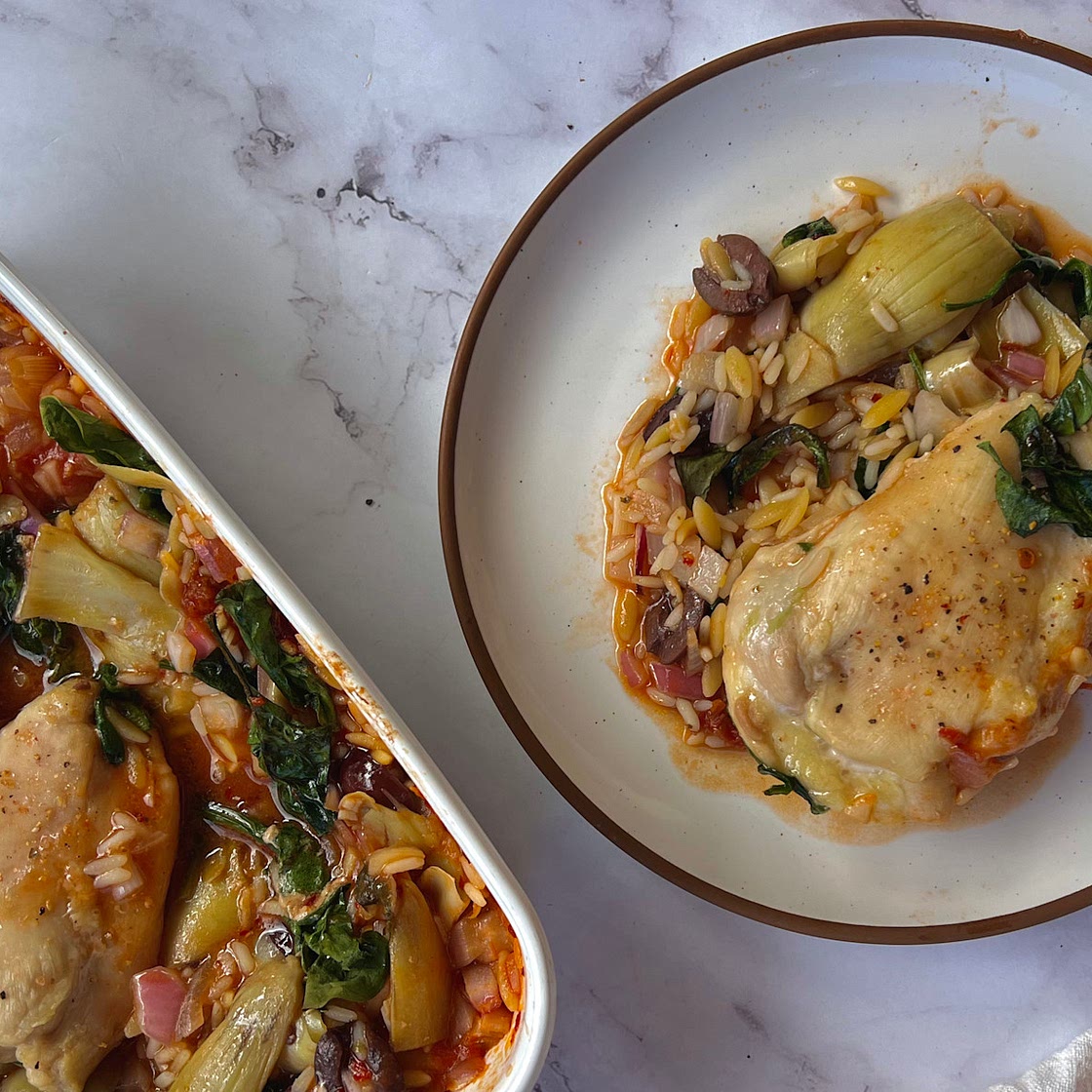 Dump and Bake Greek Orzo