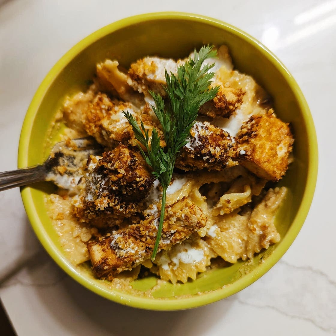 Vegan Creamy Cajun Pasta with Breaded tofu