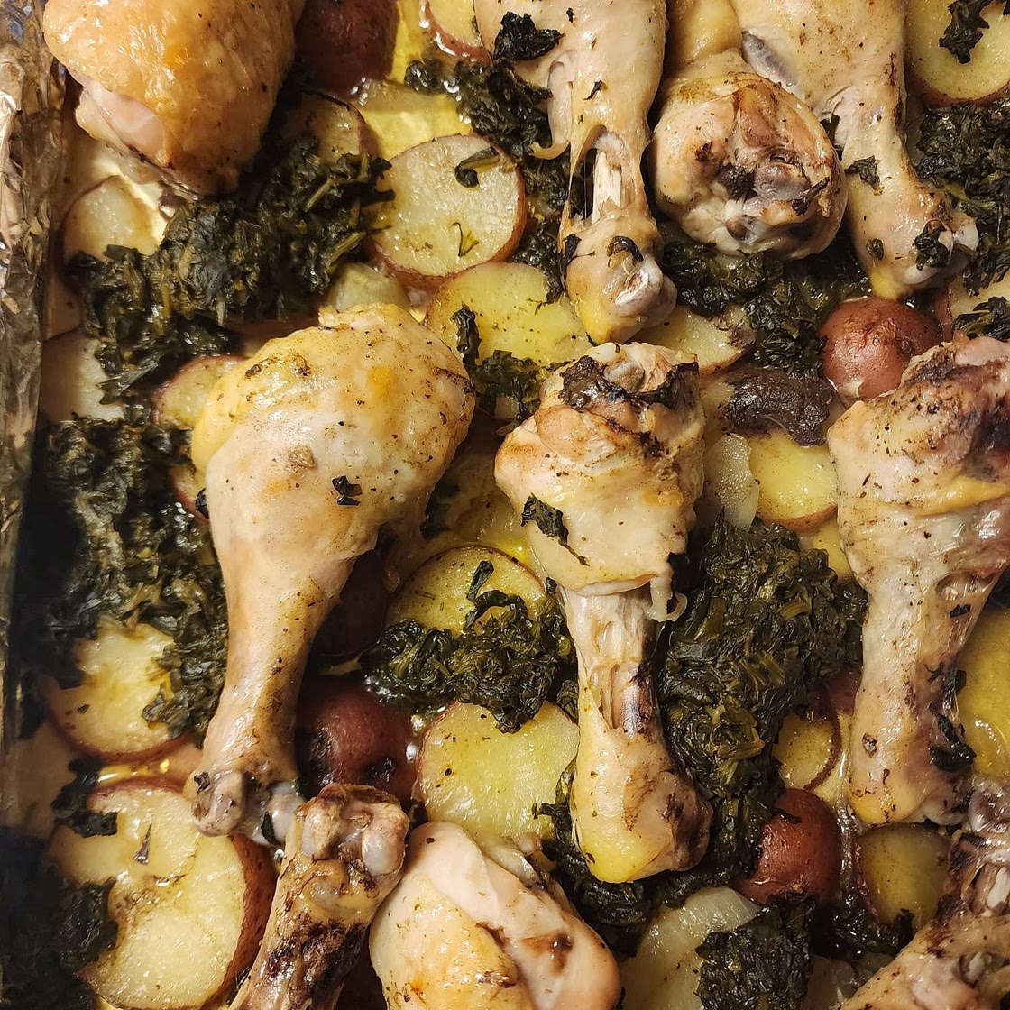 Roasted Chicken Legs with Potatoes and Kale