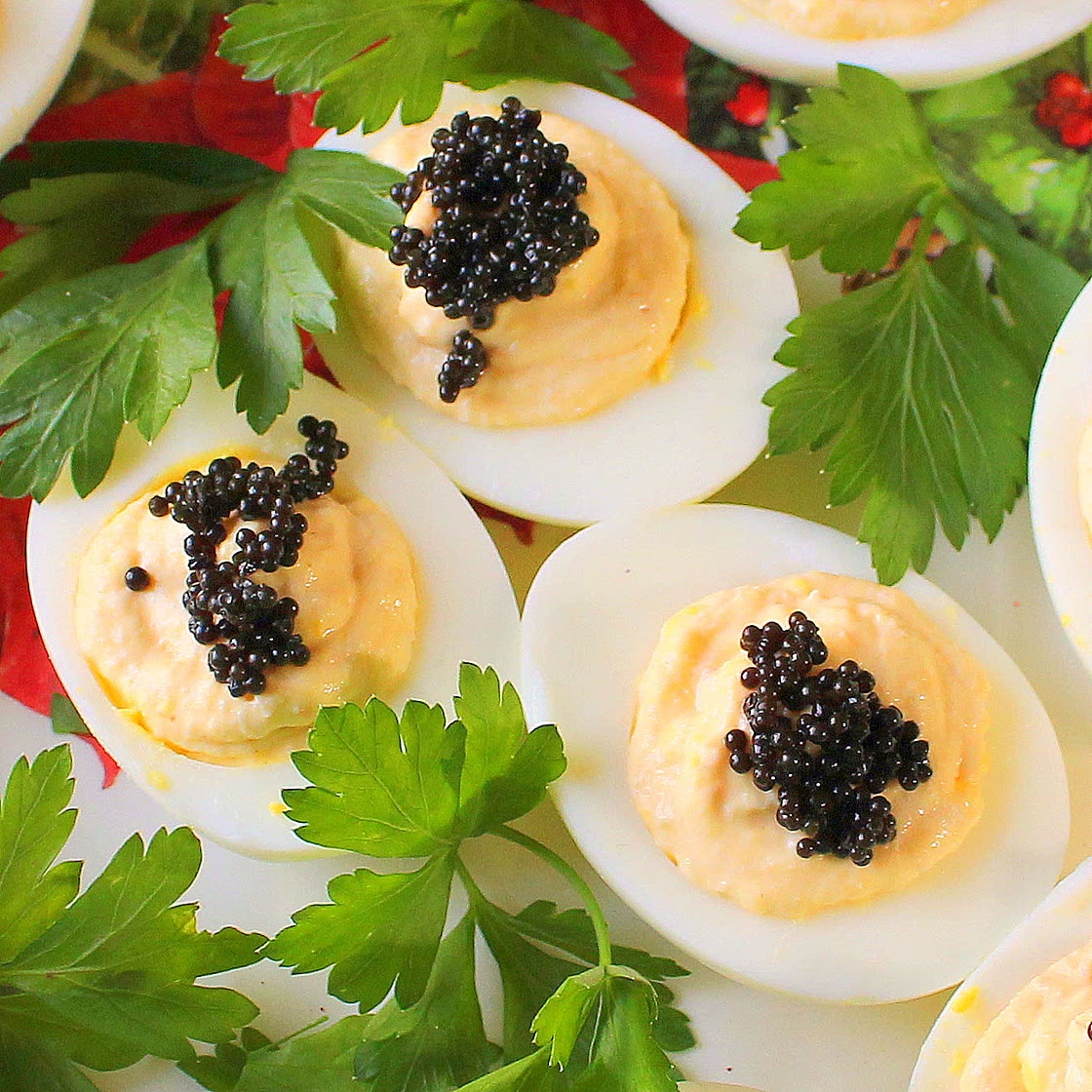 Deviled eggs with crab and caviar