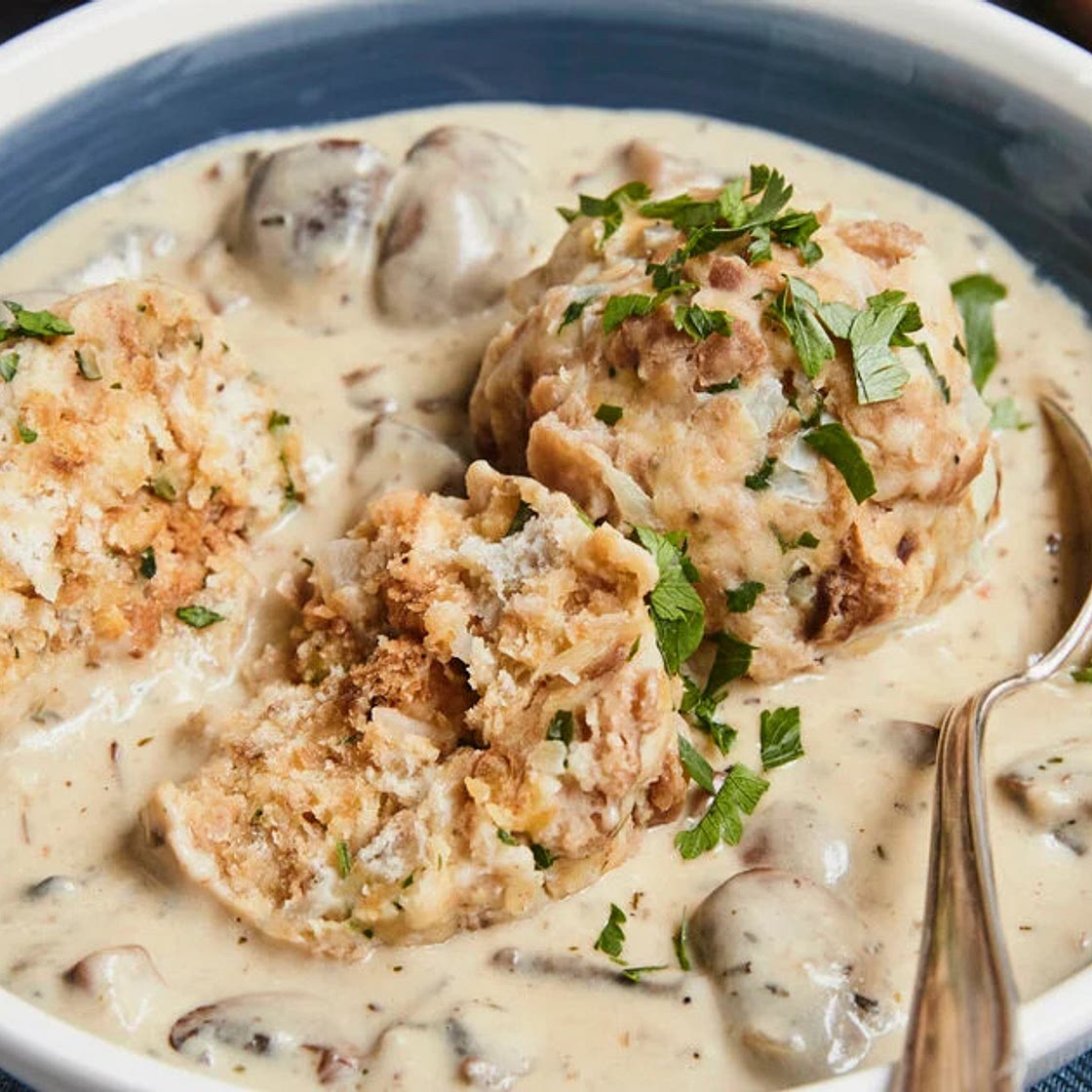 Bacon Semmelknödel with Porcini-Sherry Gravy