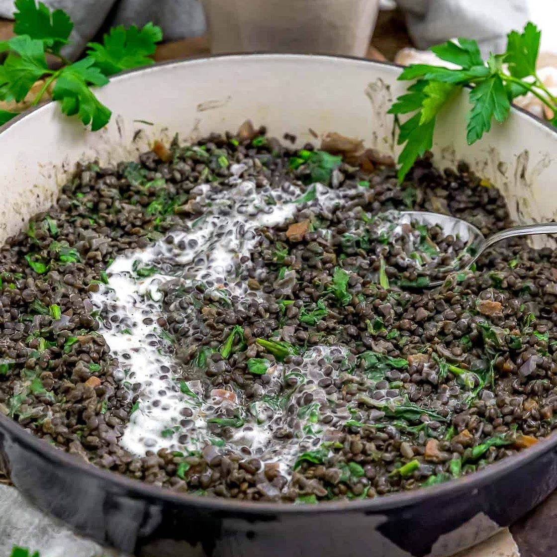 Vegan Lentilles du Puy with Spinach and Crème Fraiche