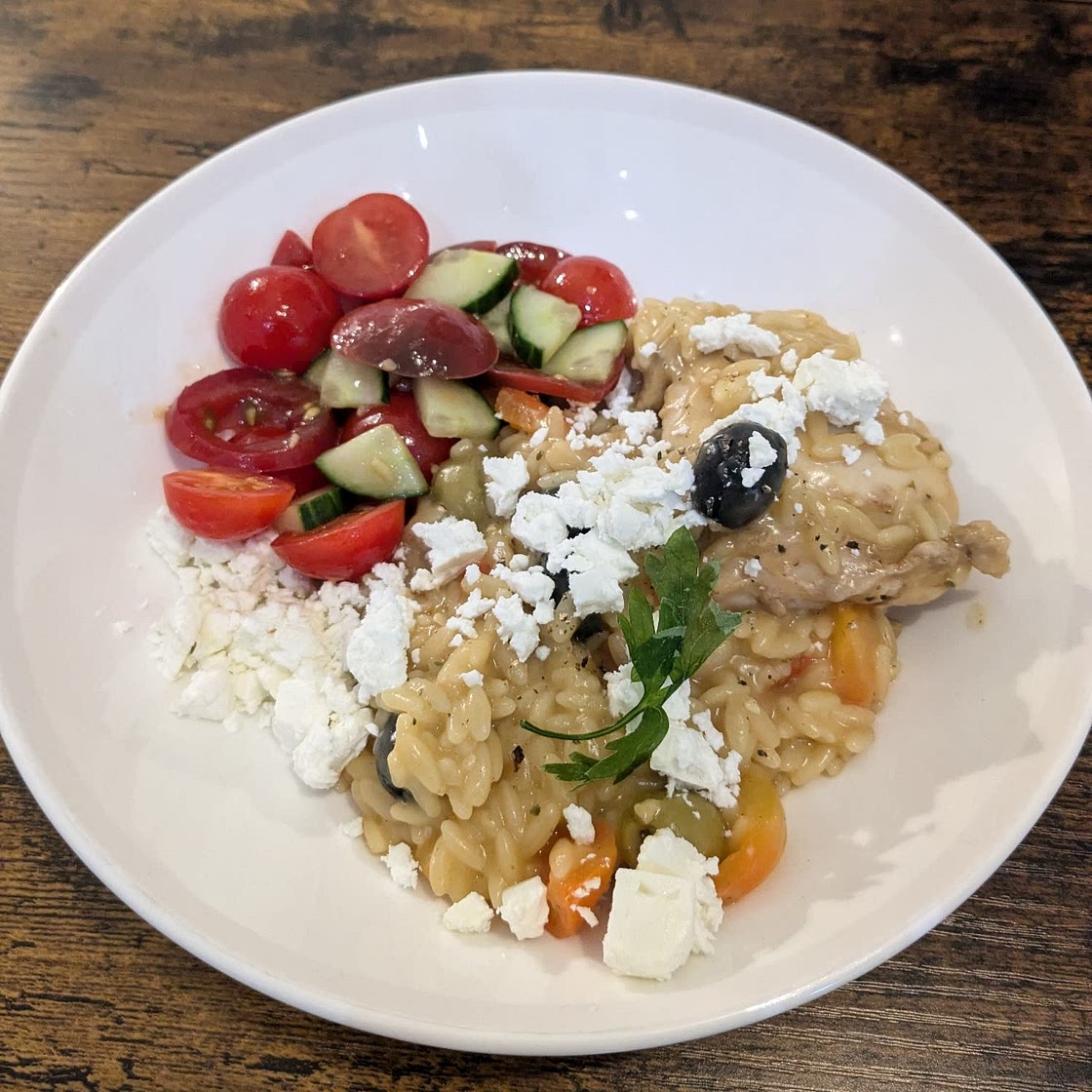 One-Pot Greek Oregano Chicken and Orzo with Tomatoes in Garlic Oil