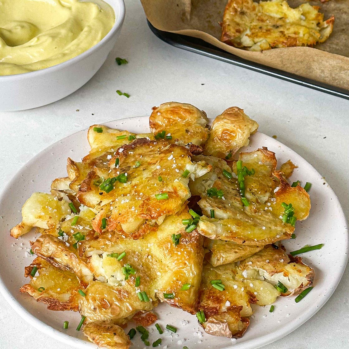 Crispy smashed potatoes with an olive oil mayo