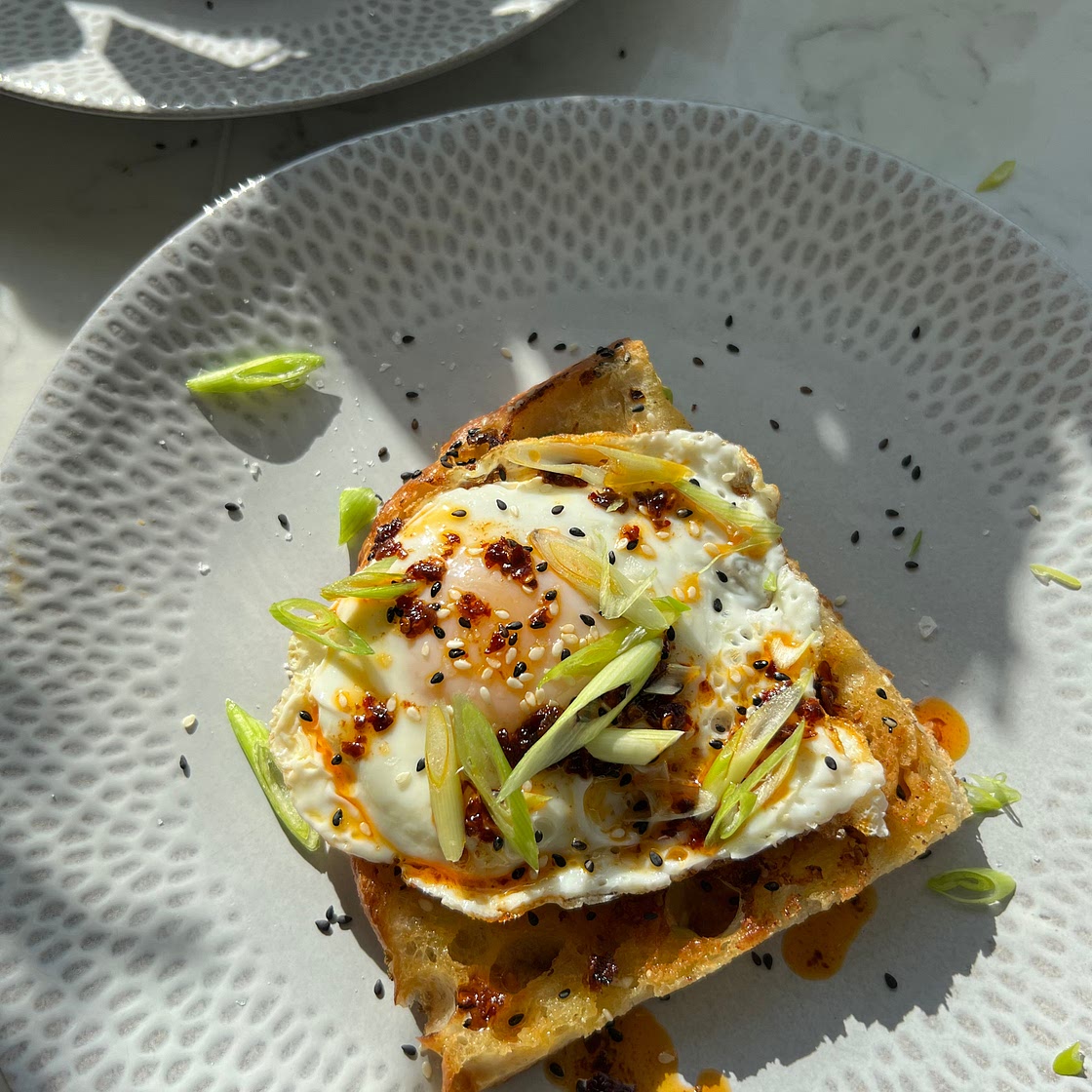 Chili Crisp Eggs on Miso Butter Toasted Focaccia