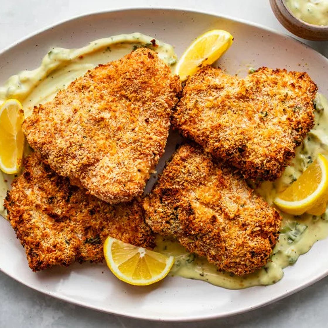 Panko-crusted baked Haddock with tartare