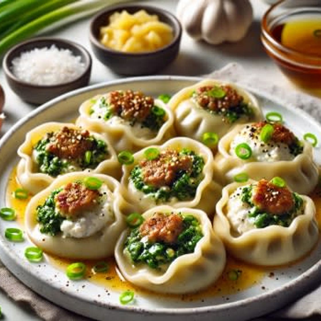 Ricotta and Hamburger Dumplings in Ginger Scallion Oil