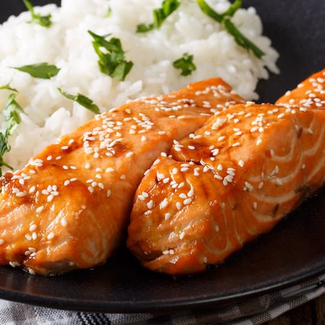 Salmon with Honey Garlic Glaze (Dairy Free/Low Carb) - Sides: Sautéed Spinach & Yellow Squash