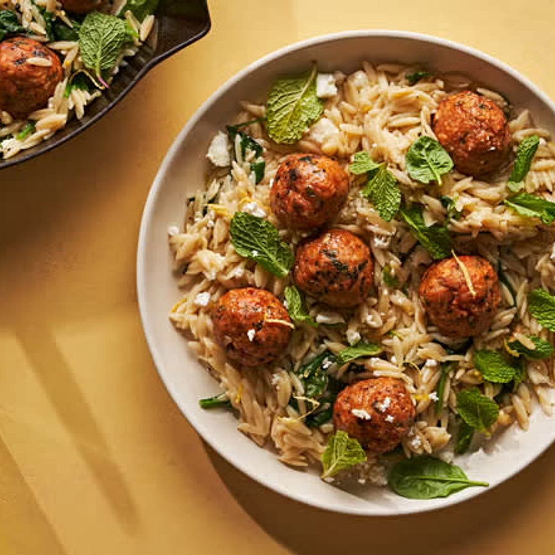 Baked Minty Meatballs With Lemony Orzo