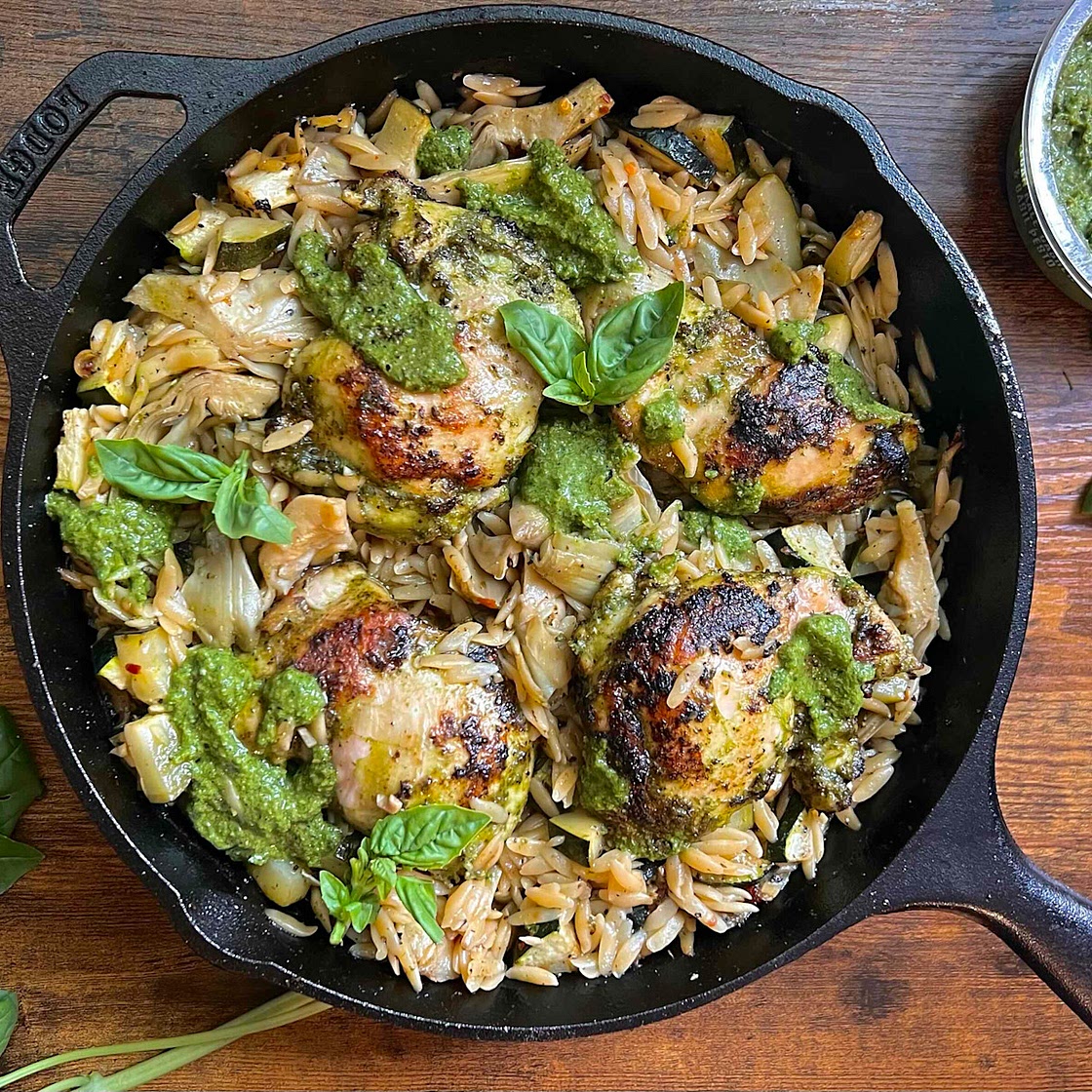 One Pan Pesto Chicken & Orzo