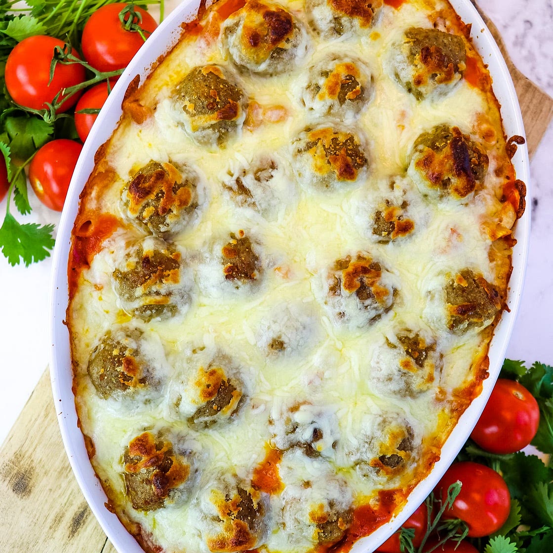 5 Ingredient Dump and Bake Meatball Casserole with Penne Pasta