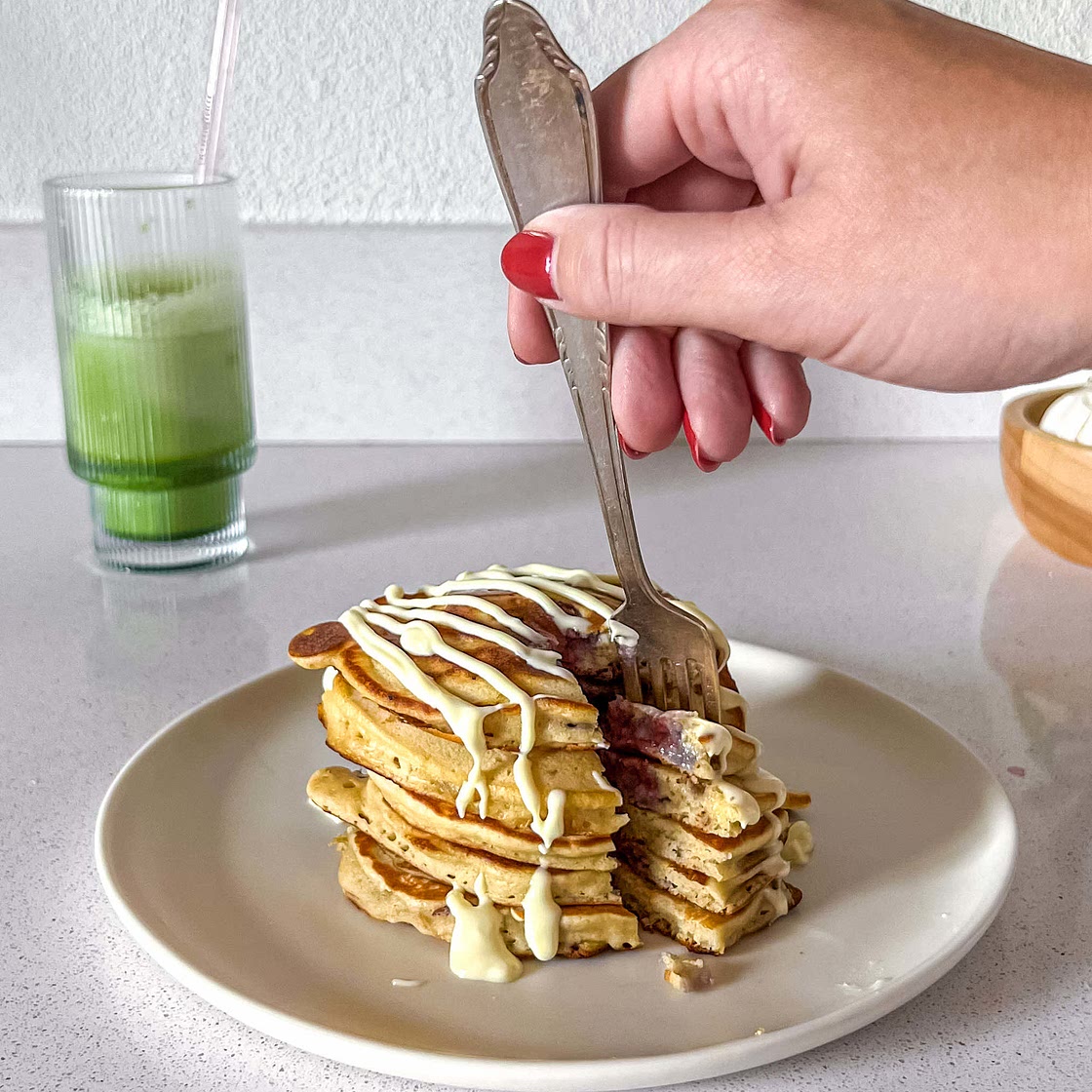 White chocolate raspberry pancakes