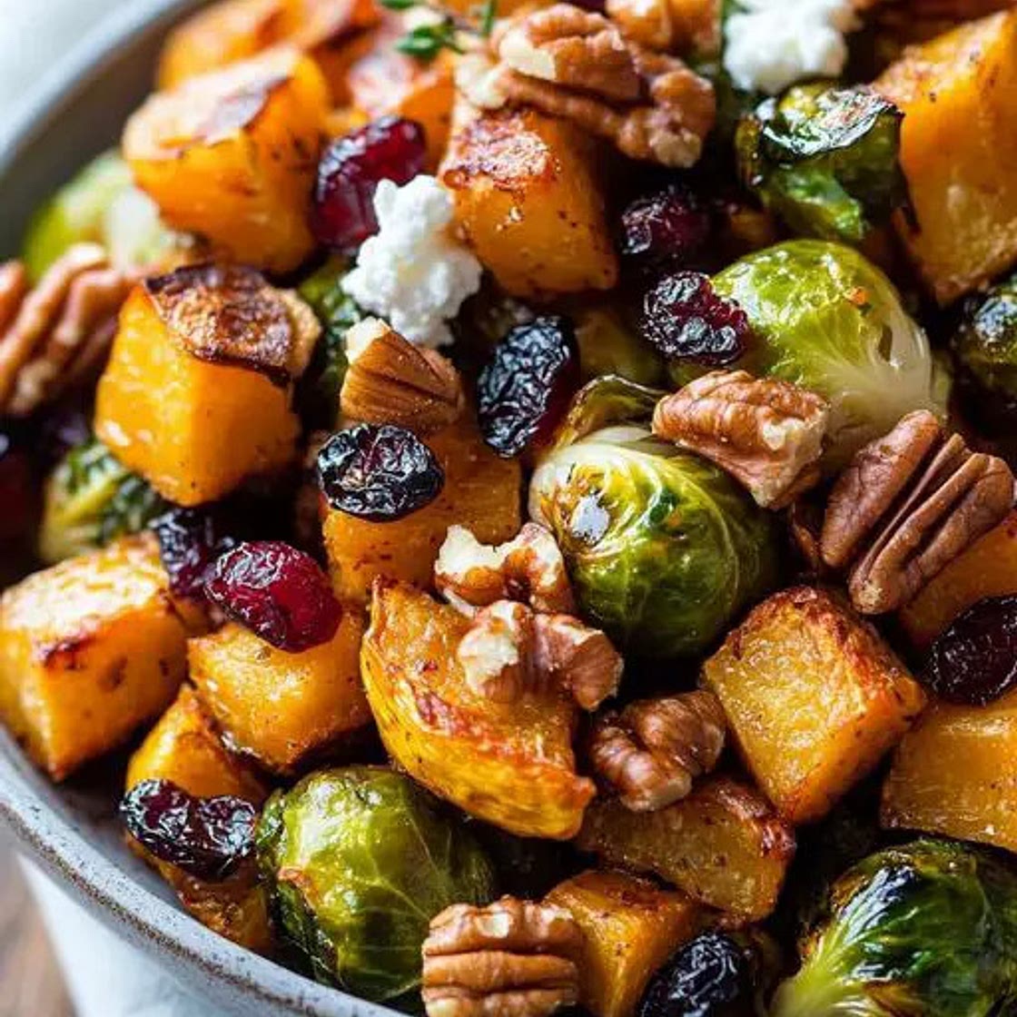 Roasted Brussels Sprouts and Butternut Squash with Maple Walnuts and Cranberries