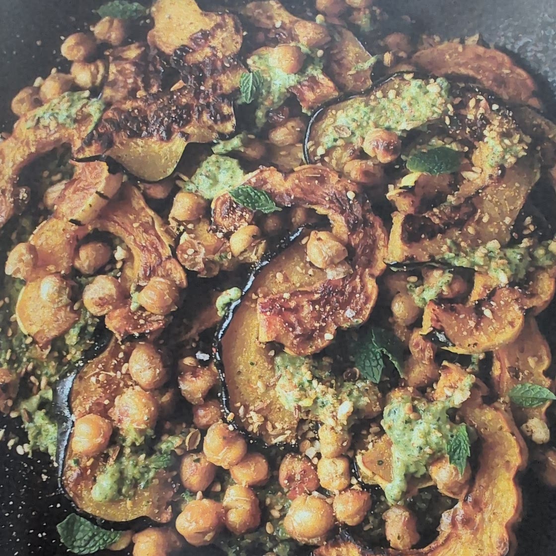 Maple-roasted squash & chickpeas with mint-pistachio pesto
