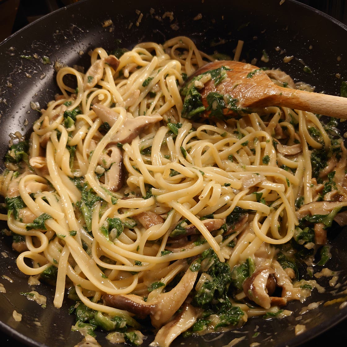 Linguine with miso butter, shitake and spinach